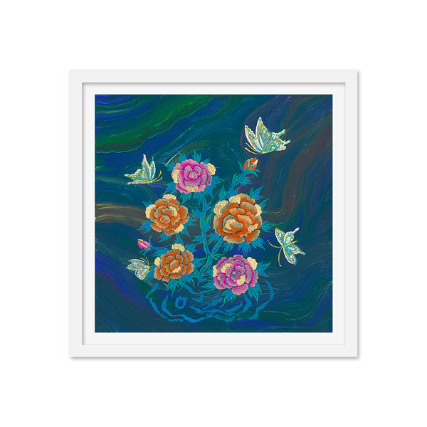 Three Butterflies and Peonies on Boulder Opal