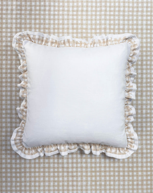 Ruffle Euro Pillow White and Gingham Beige