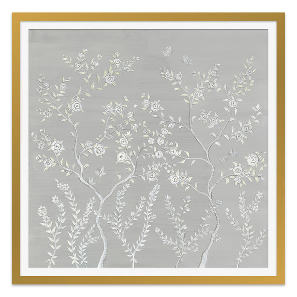 Butterflies and Peony Forest in Silver and White Art Print