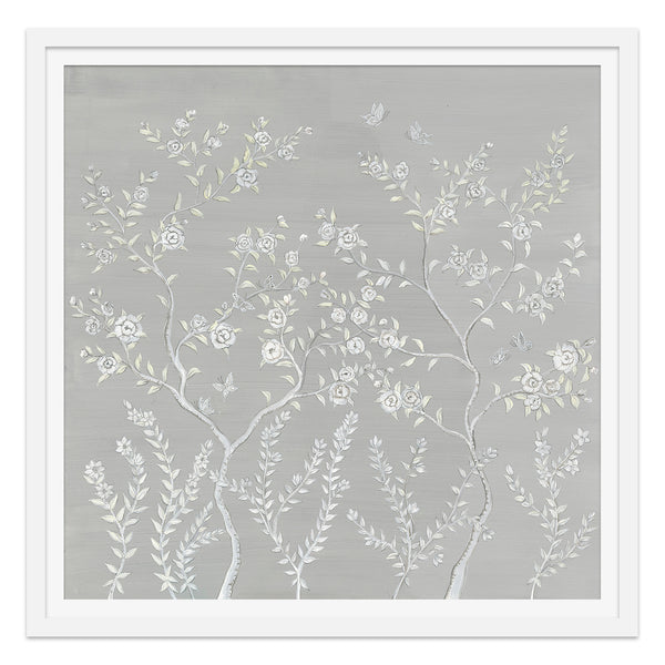 Butterflies and Peony Forest in Silver and White Art Print