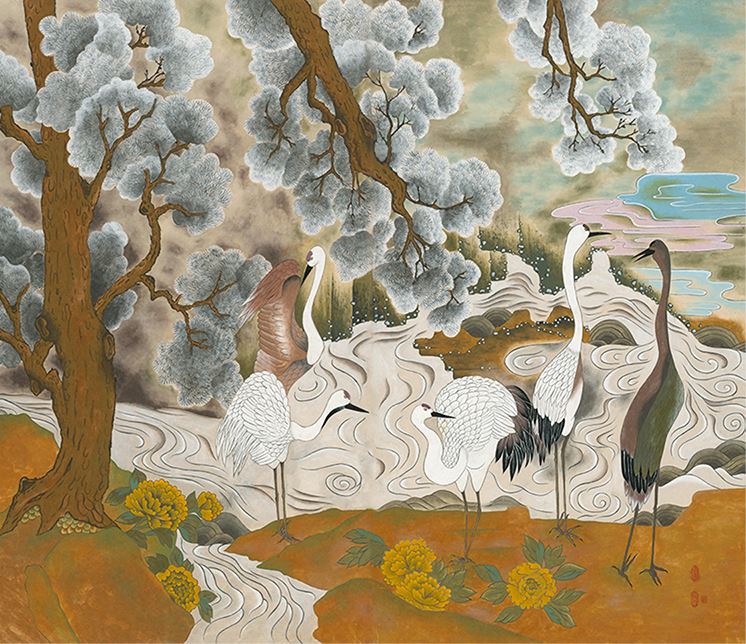 Cranes Bathing in Traditional Landscape Art Print