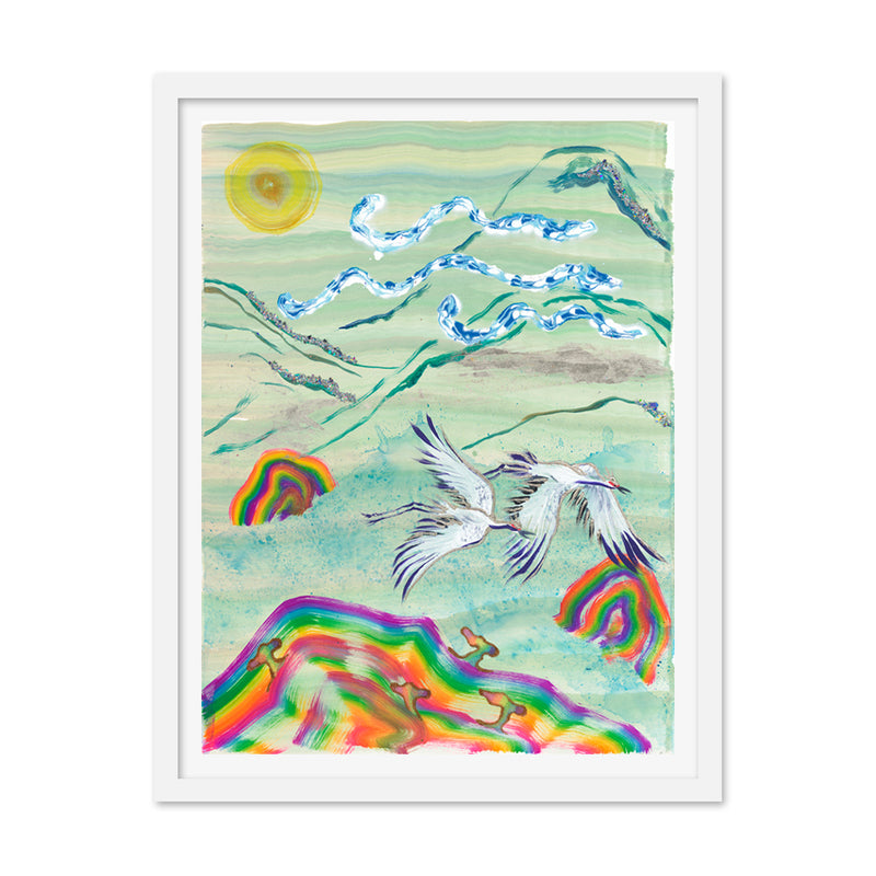 Cranes in Flight Over Celadon Landscape