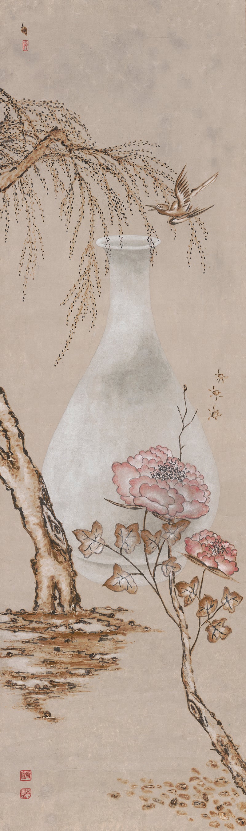 Bird and Peony Flowers with Korean Vase Art Print