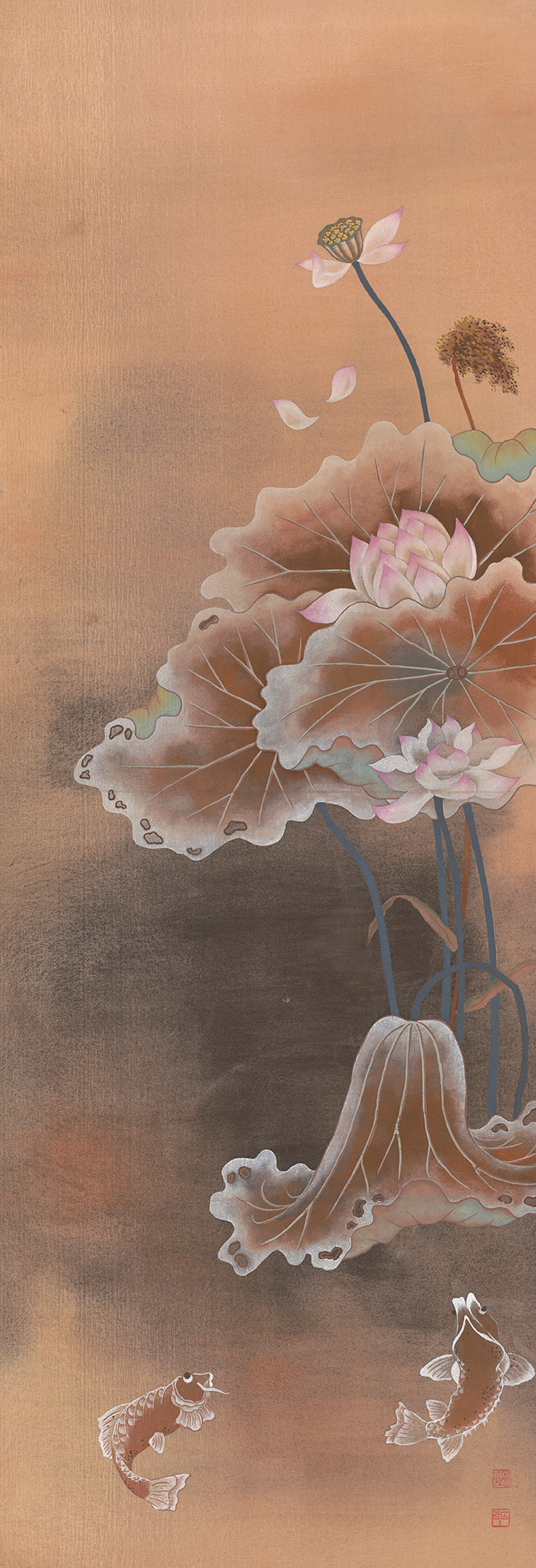 Koi Fish and Lotus on Sepia Art Print