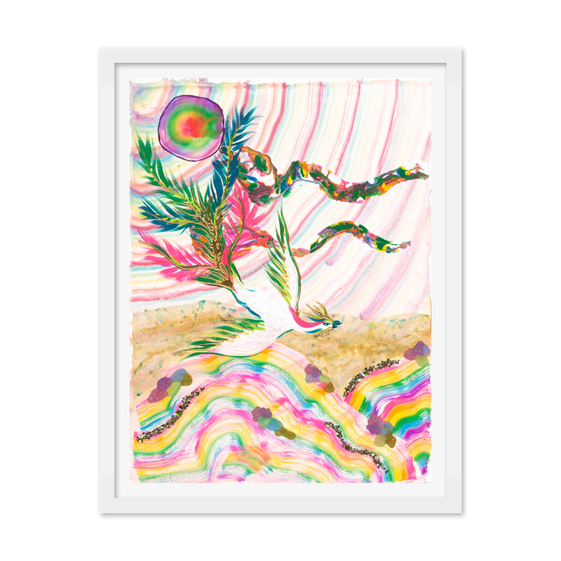 Mythical Bird in Flight Over Prismatic Landscape A Art Print