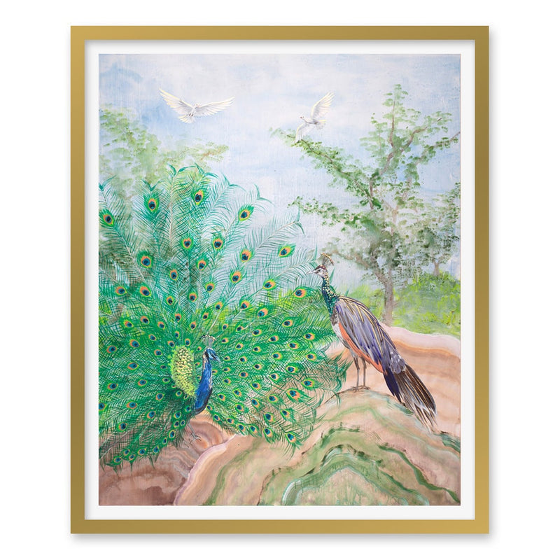 Pair of Peacocks and White Doves in Flight Art Print
