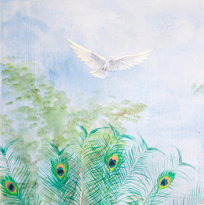 Pair of Peacocks and White Doves in Flight Art Print