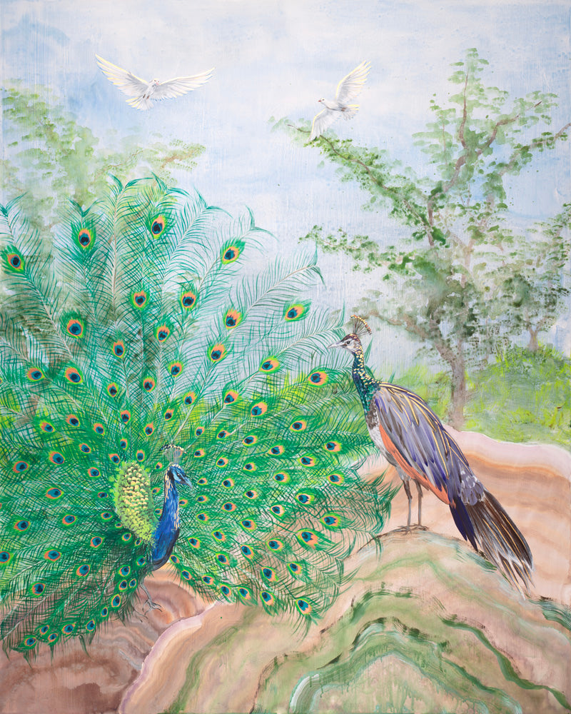 Pair of Peacocks and White Doves in Flight Art Print
