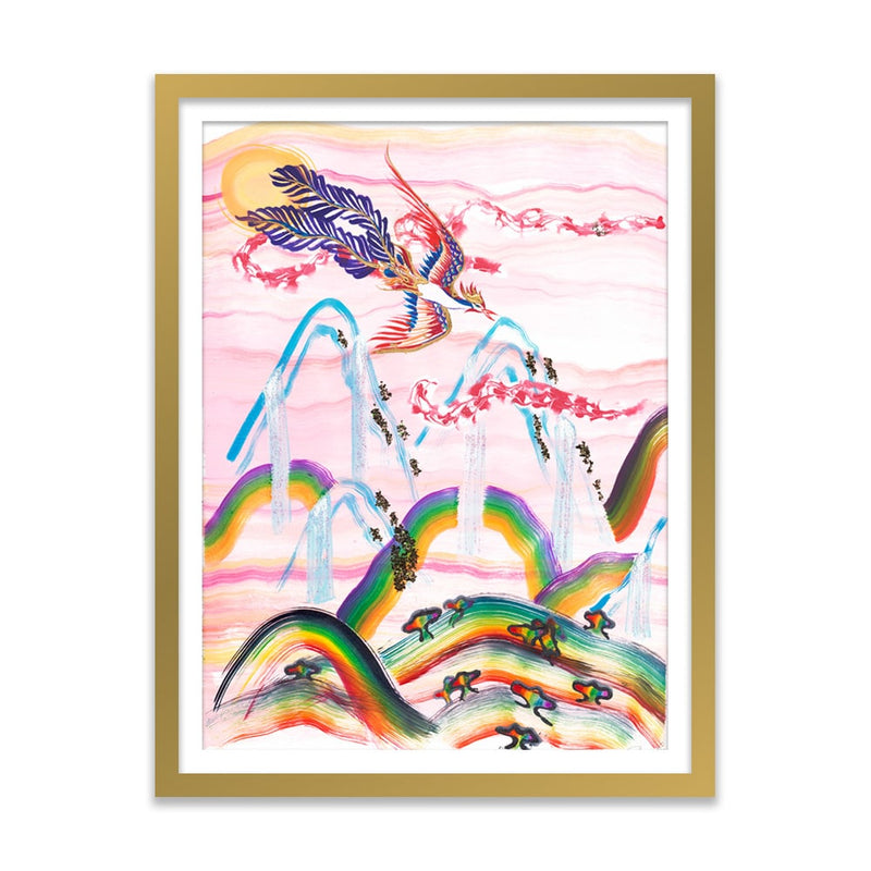 Phoenix in Flight Over Prismatic Landscape A Art Print