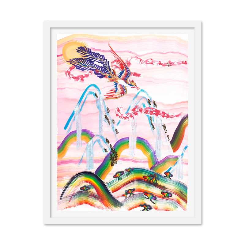 Phoenix in Flight Over Prismatic Landscape A Art Print
