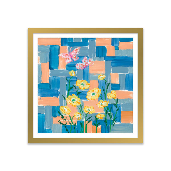 Poppies and Butterflies Color Study in Blue and Yellow Art Print