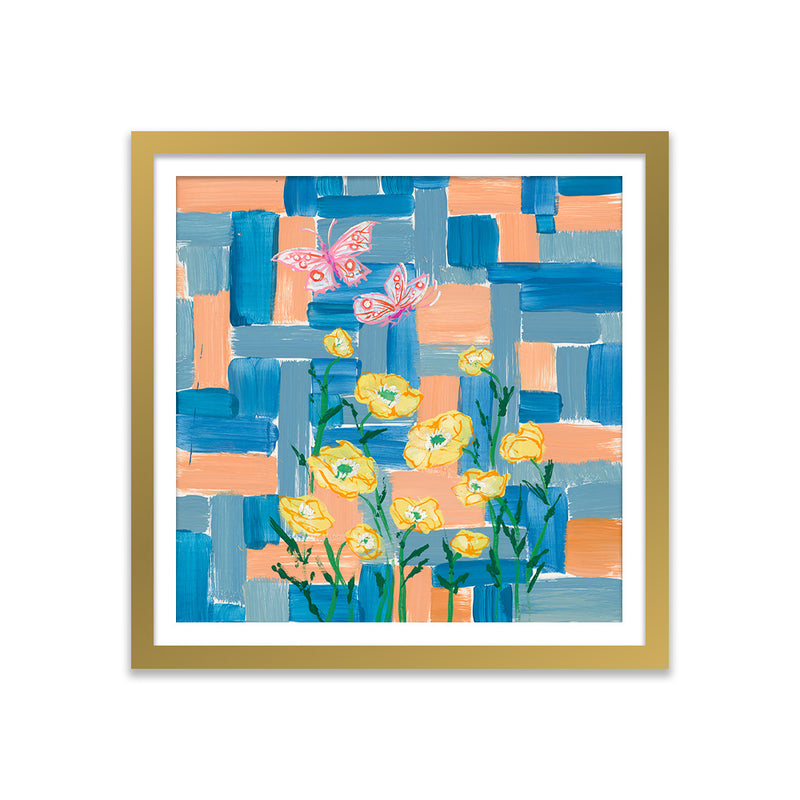 Poppies and Butterflies Color Study in Blue and Yellow Art Print