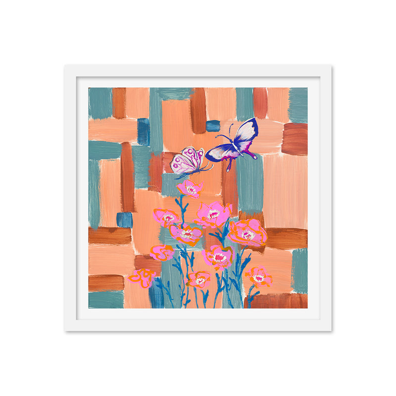 Poppies and Butterflies Color Study in Peach and Teal Art Print