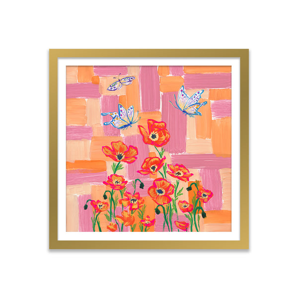Poppies and Butterflies Color Study in Pink and Orange Art Print