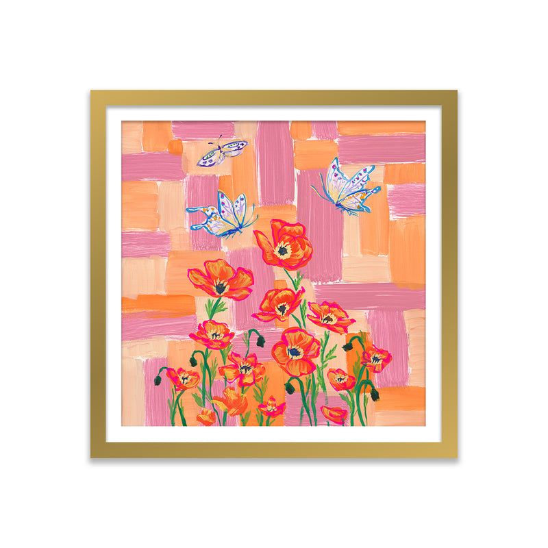 Poppies and Butterflies Color Study in Pink and Orange Art Print