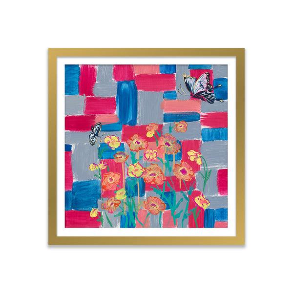 Poppies and Butterflies Color Study in Red and Blue Art Print