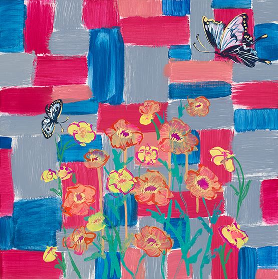 Poppies and Butterflies Color Study in Red and Blue Art Print