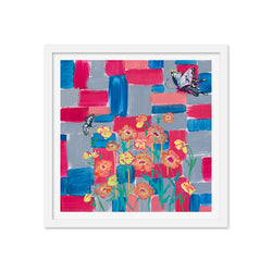 Poppies and Butterflies Color Study in Red and Blue Art Print