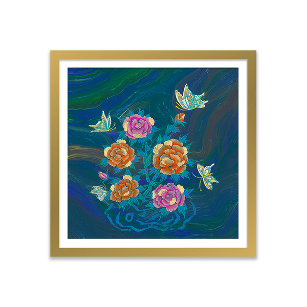 Three Butterflies and Peonies on Boulder Opal Art Print