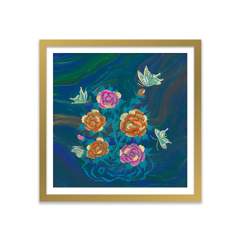 Three Butterflies and Peonies on Boulder Opal Art Print