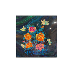 Three Butterflies and Peonies on Boulder Opal