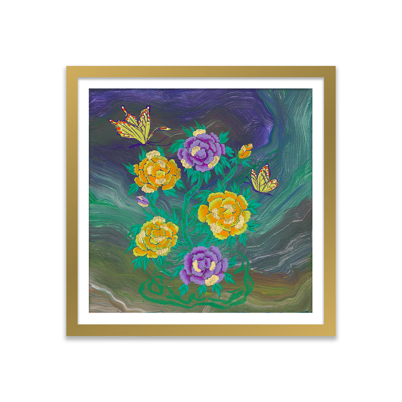 Two Butterflies and Peonies on Boulder Opal Art Print