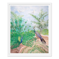Pair of Peacocks and White Doves in Flight Art Print