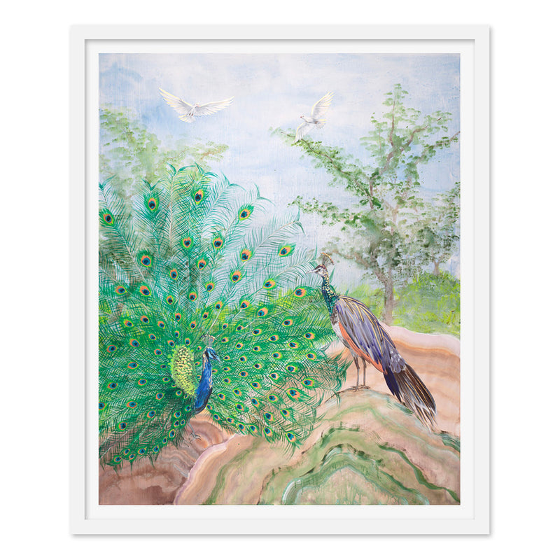Pair of Peacocks and White Doves in Flight Art Print