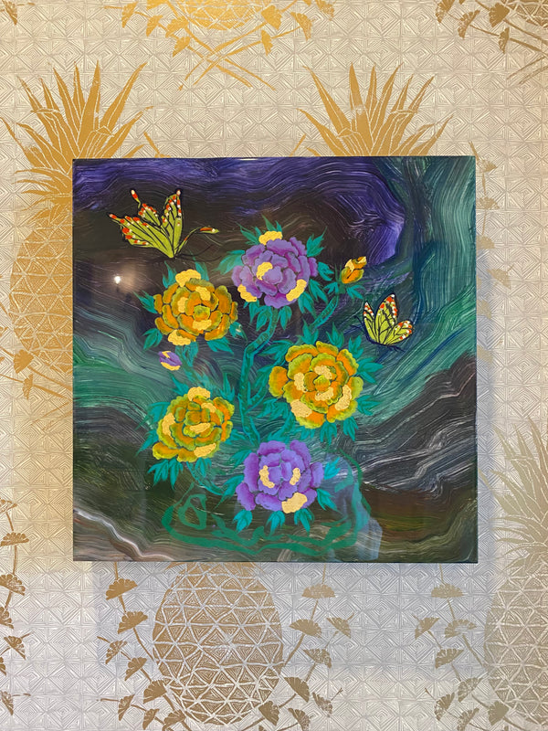 Two Butterflies and Peonies on Boulder Opal