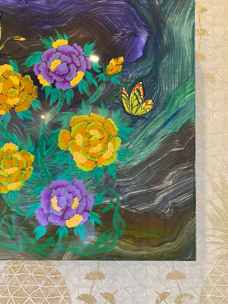 Two Butterflies and Peonies on Boulder Opal