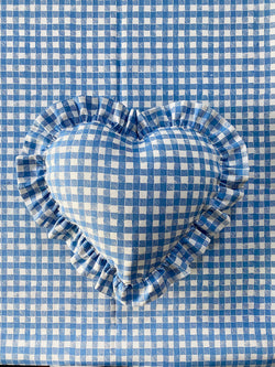 Ruffle Heart Pillow Gingham Blue