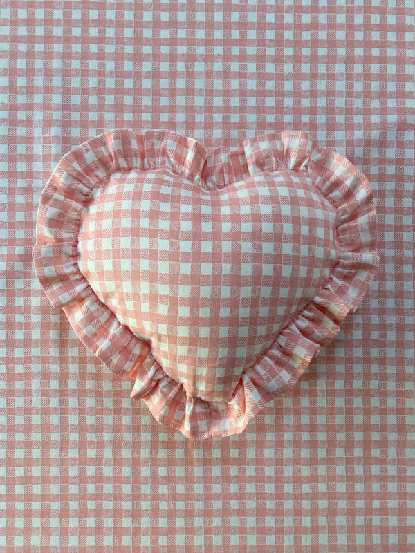 Ruffle Heart Pillow Gingham Pink