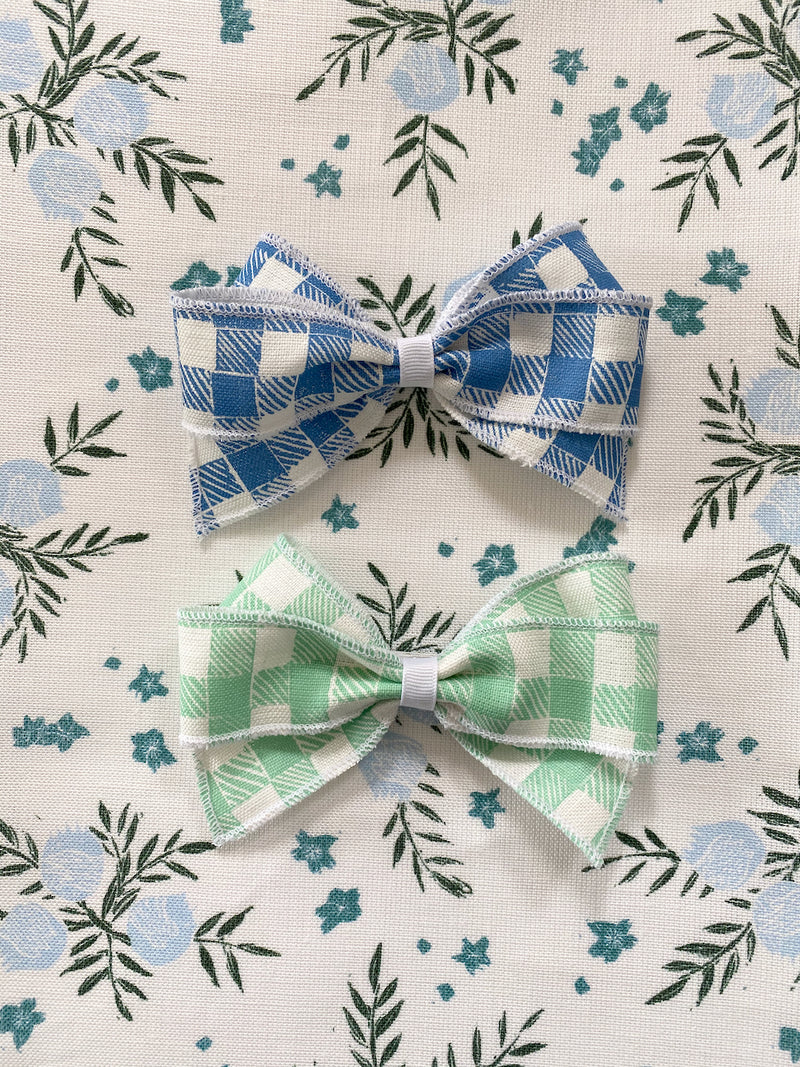 Linen Hair Bow Gingham Green