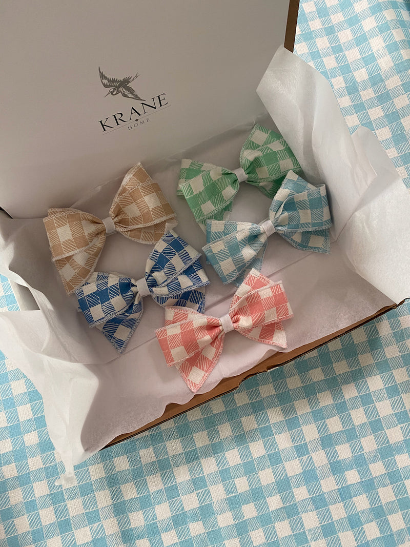 Linen Hair Bow Gingham Light Blue