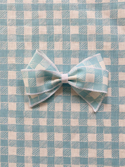 Linen Hair Bow Gingham Light Blue