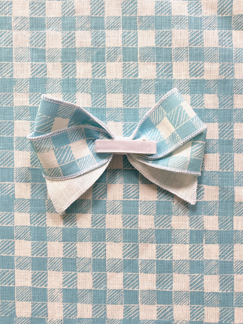 Linen Hair Bow Gingham Light Blue