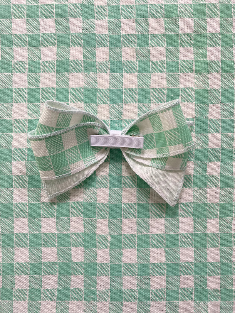 Linen Hair Bow Gingham Green