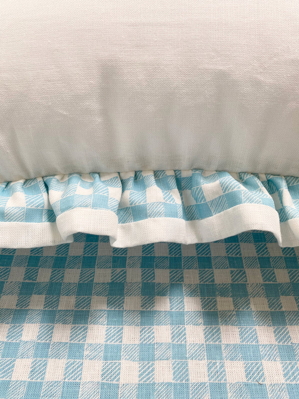 Ruffle Euro Pillow White and Gingham Light Blue