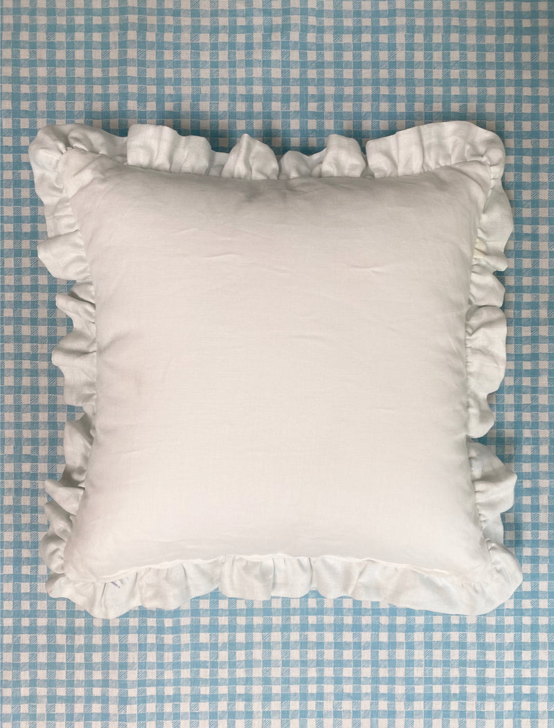 Ruffle Euro Pillow White and Gingham Light Blue