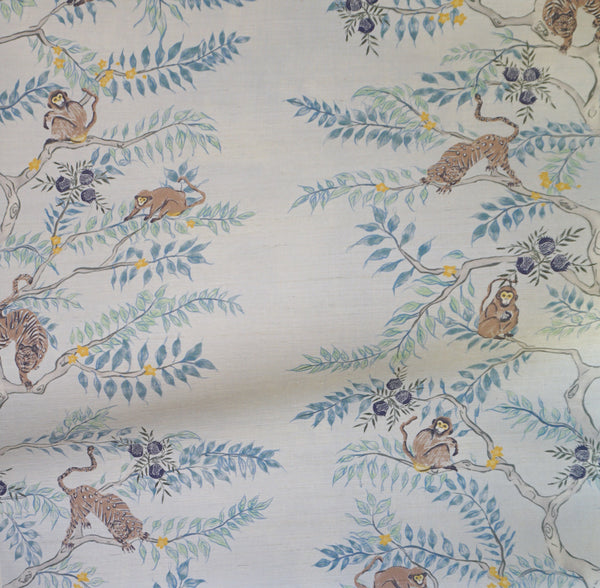 Monkey and Tiger Grasscloth Wallpaper in Dusk