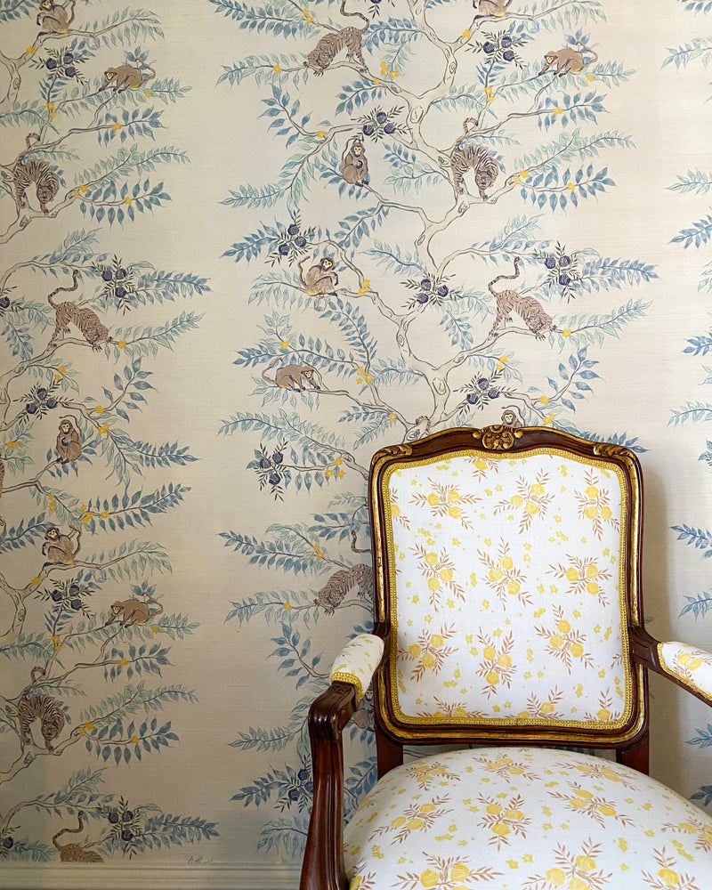 Monkey and Tiger Grasscloth Wallpaper in Dusk