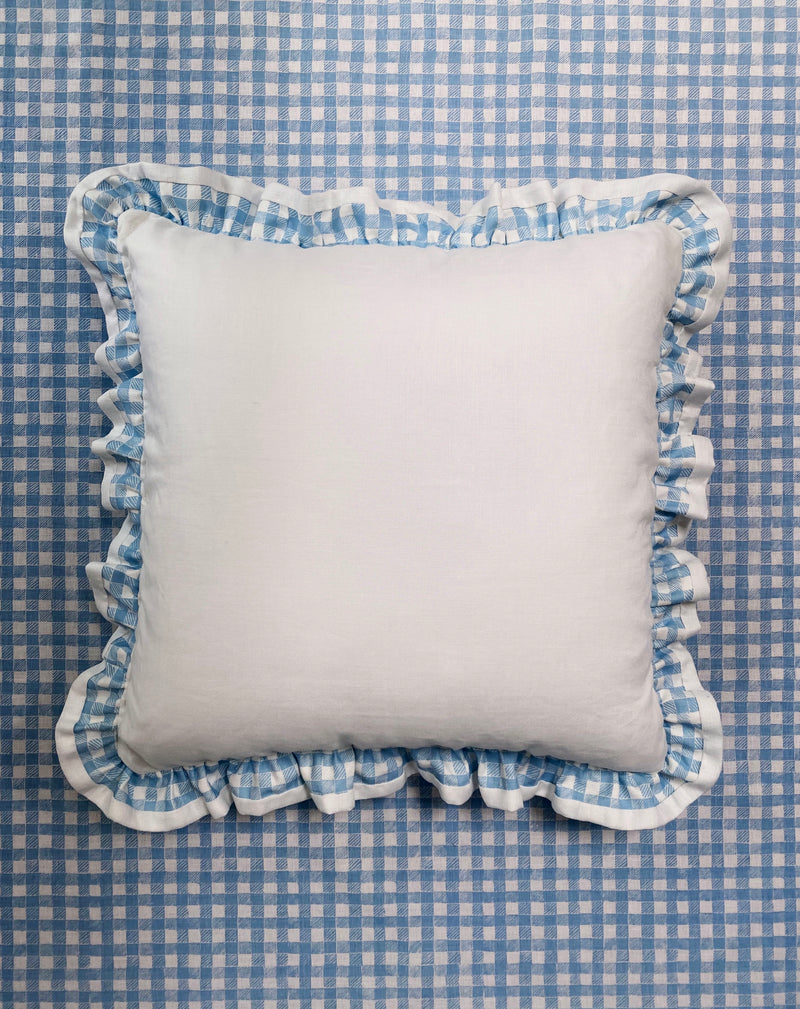 Ruffle Euro Pillow White and Gingham Blue