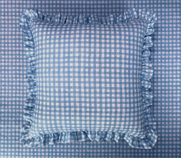 Ruffle Floor Cushion Gingham Blue