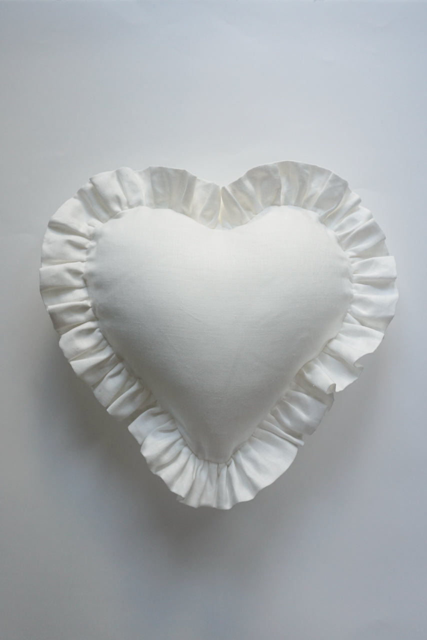 Ruffle Heart Pillow Woven Herringbone White Krane Home