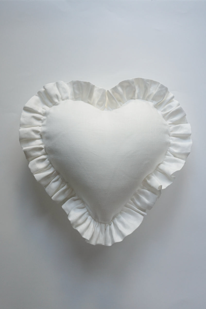 Ruffle Heart Pillow Woven Herringbone White