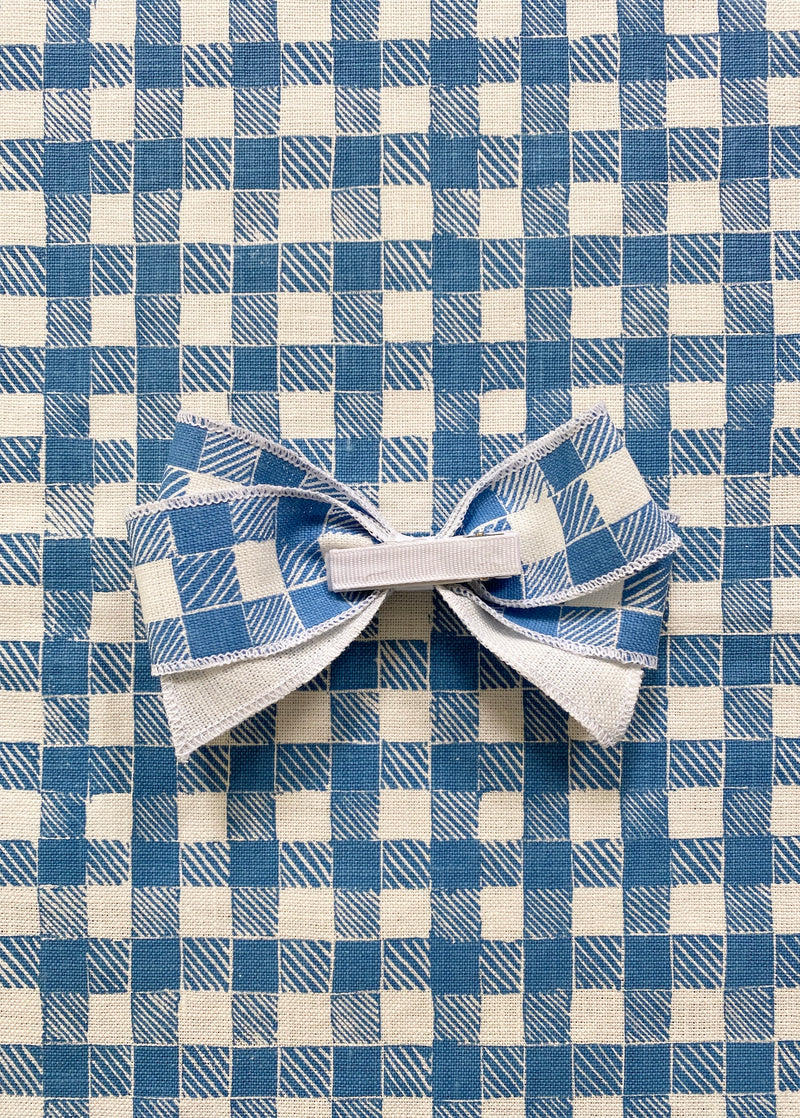 Linen Hair Bow Gingham Blue