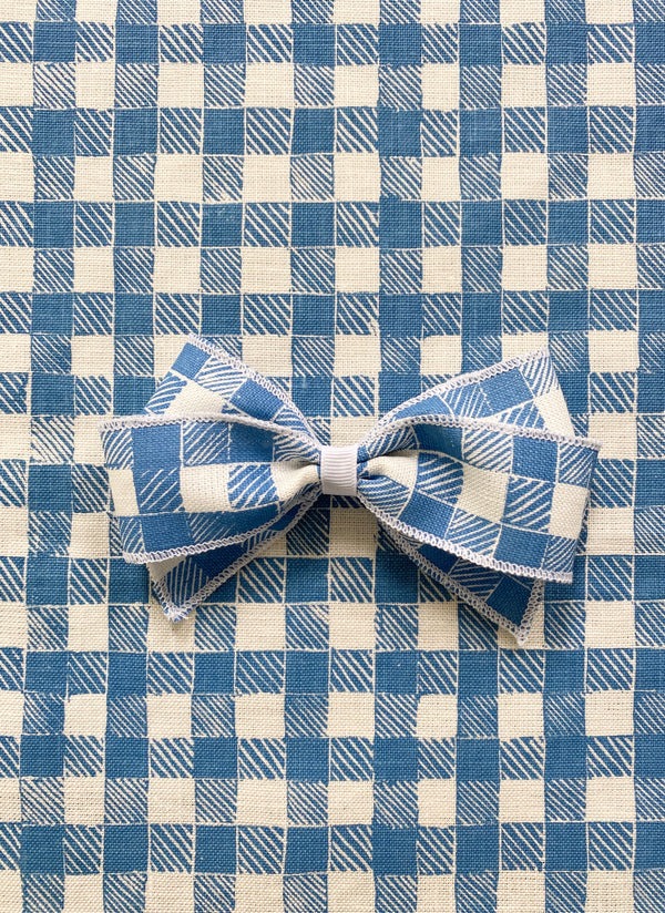 Linen Hair Bow Gingham Blue