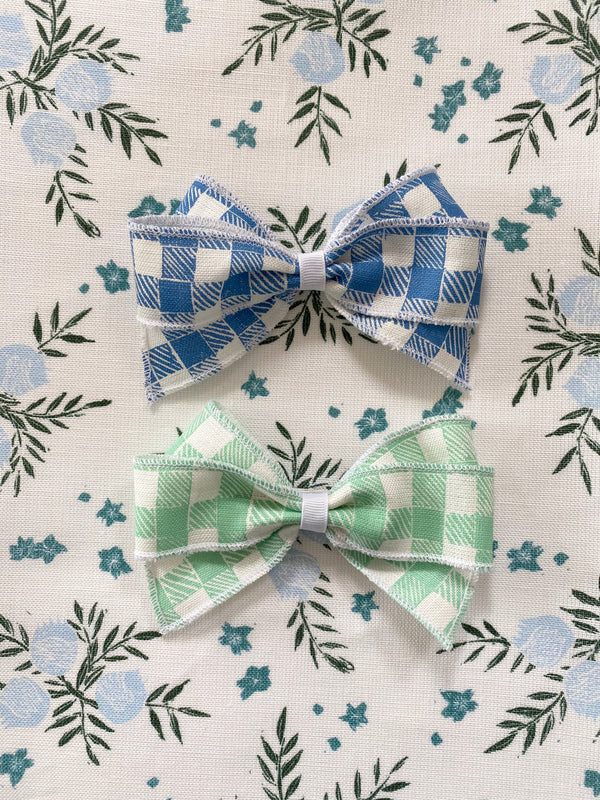 Linen Hair Bow Gingham Blue