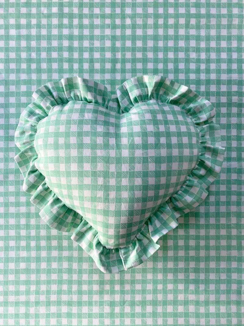 Ruffle Heart Pillow Gingham Green