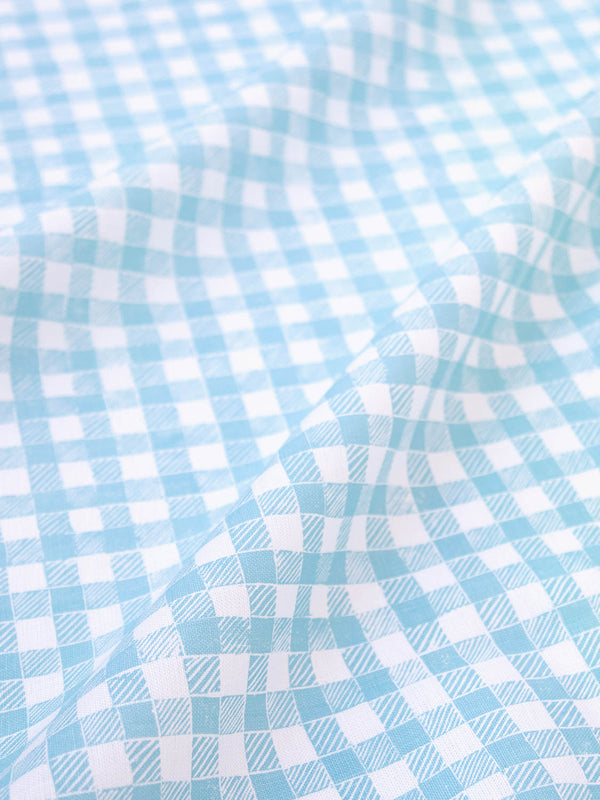 Block Print Gingham Fabric in Light Blue